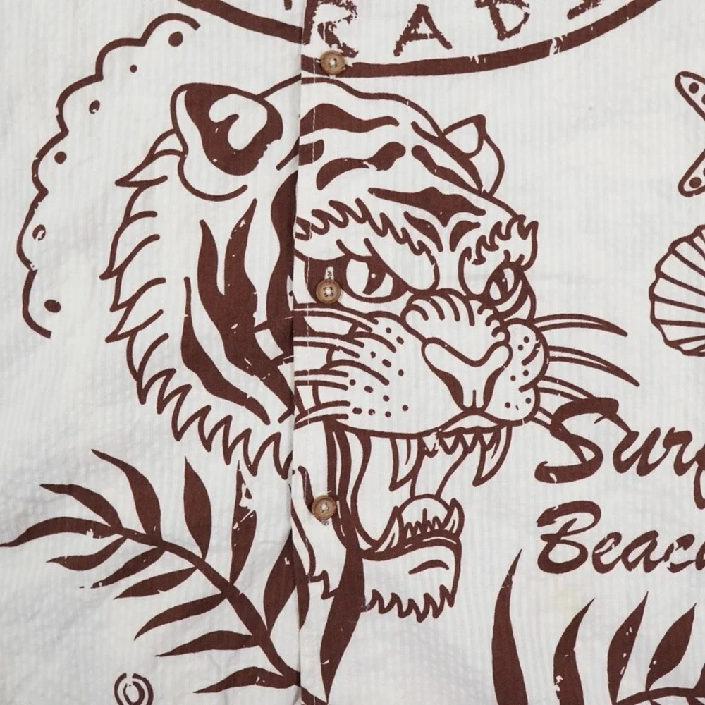 Distortion Hawaiian Tiger Shirt Men L Cream Beach‎ Club Bar Graphic Streetwear